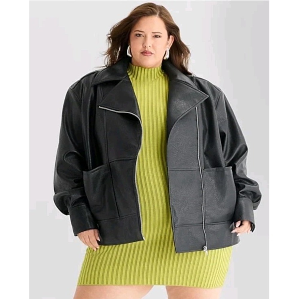 Ashley Graham Womens Plus Faux Leather Midweight Motorcycle Jacket Size 1X